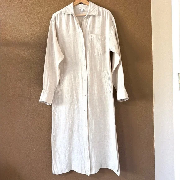 Caslon Linen Duster Long Sleeves Shirt Midi Dress Light Beige Tan Side Slit Sz M - Picture 2 of 11